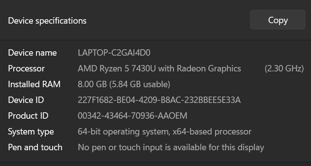 Backup system information screenshot.